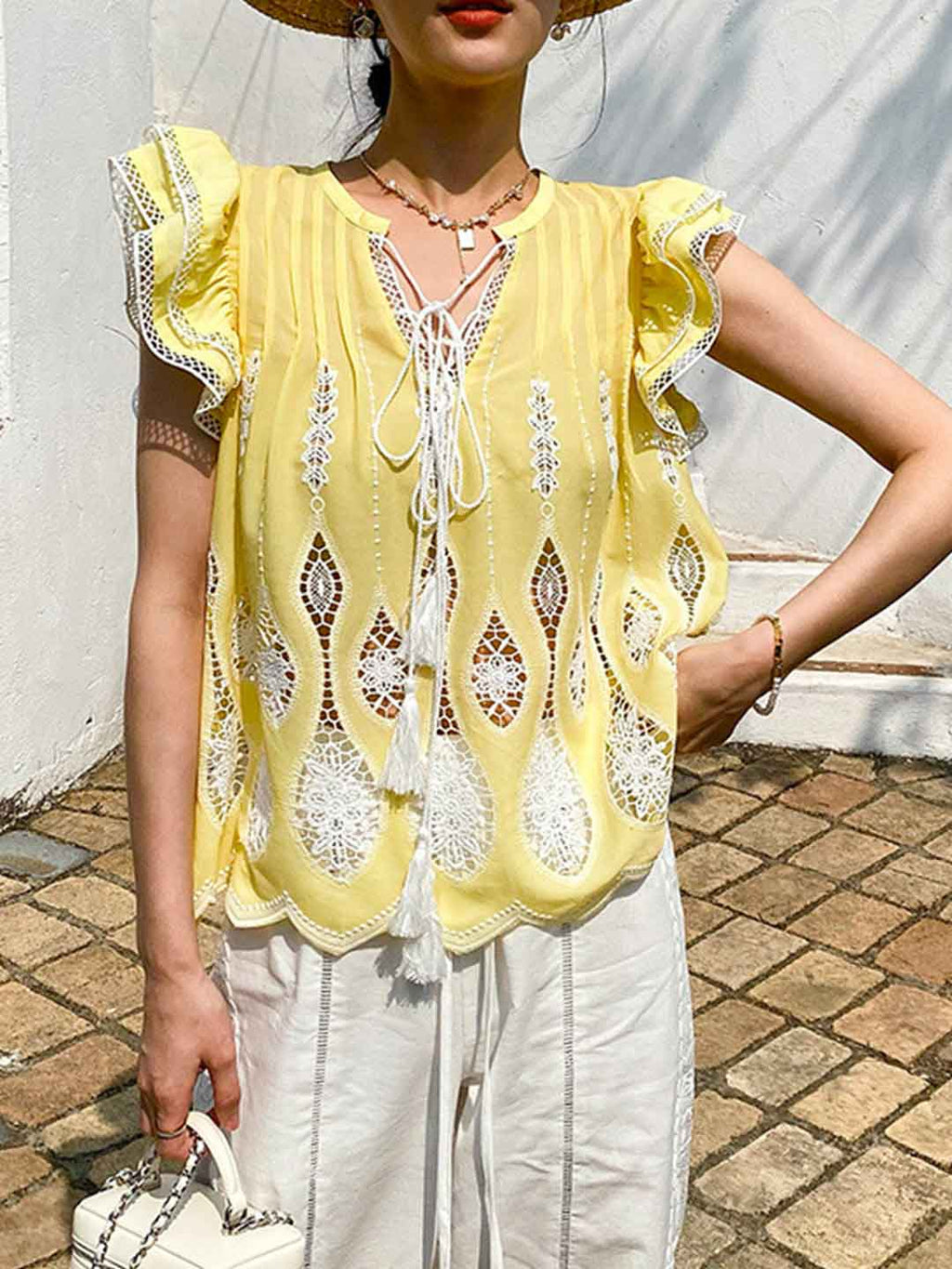 Peyton Vacation V-Neck Hollowed Embroidered Tie Blouse