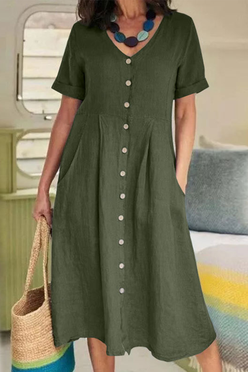 Casual Solid Buckle V Neck Straight Dresses(5 Colors)