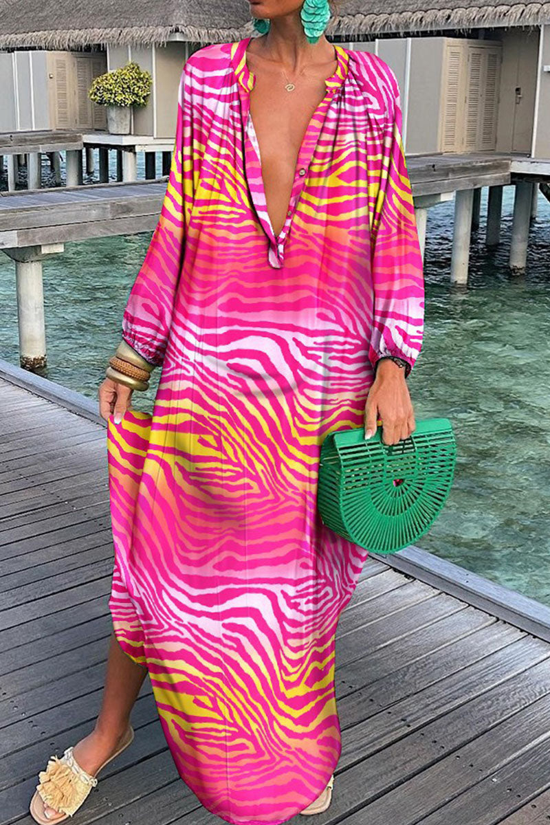 Fashion Sexy Print Patchwork V Neck Straight Dresses(10 Colors)