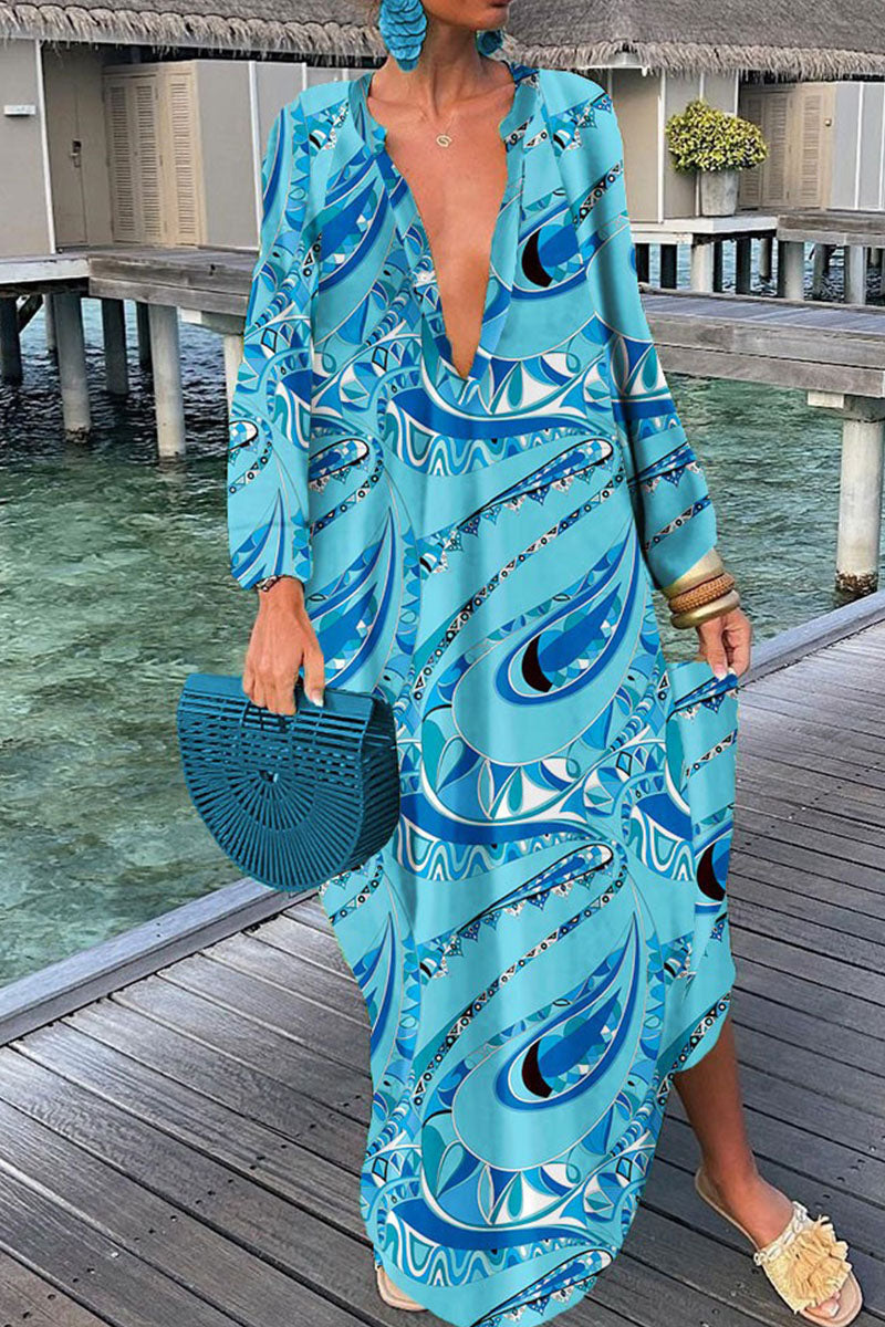 Fashion Sexy Print Patchwork V Neck Straight Dresses(10 Colors)