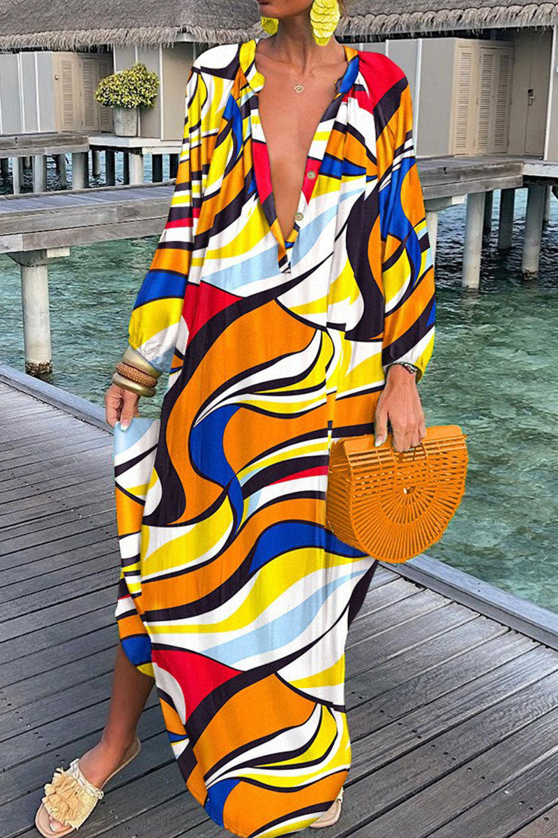 Fashion Sexy Print Patchwork V Neck Straight Dresses(10 Colors)