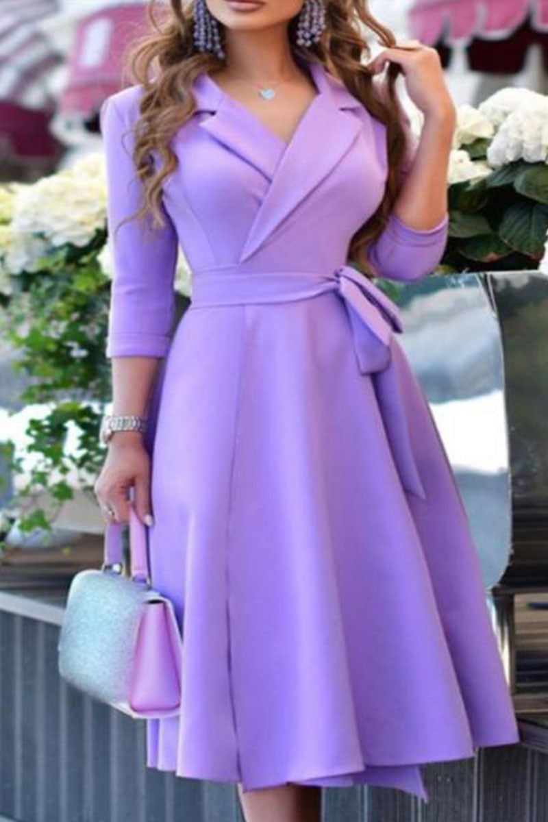 Casual Print Bandage Patchwork Turn-back Collar A Line Dresses(5 Colors)