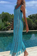 Sexy Solid Tassel Hollowed Out V Neck Sling Dress Dresses