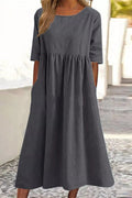 Women's Casual Solid Half Sleeve Pleated Pocket Cotton Dress(9 Colors)