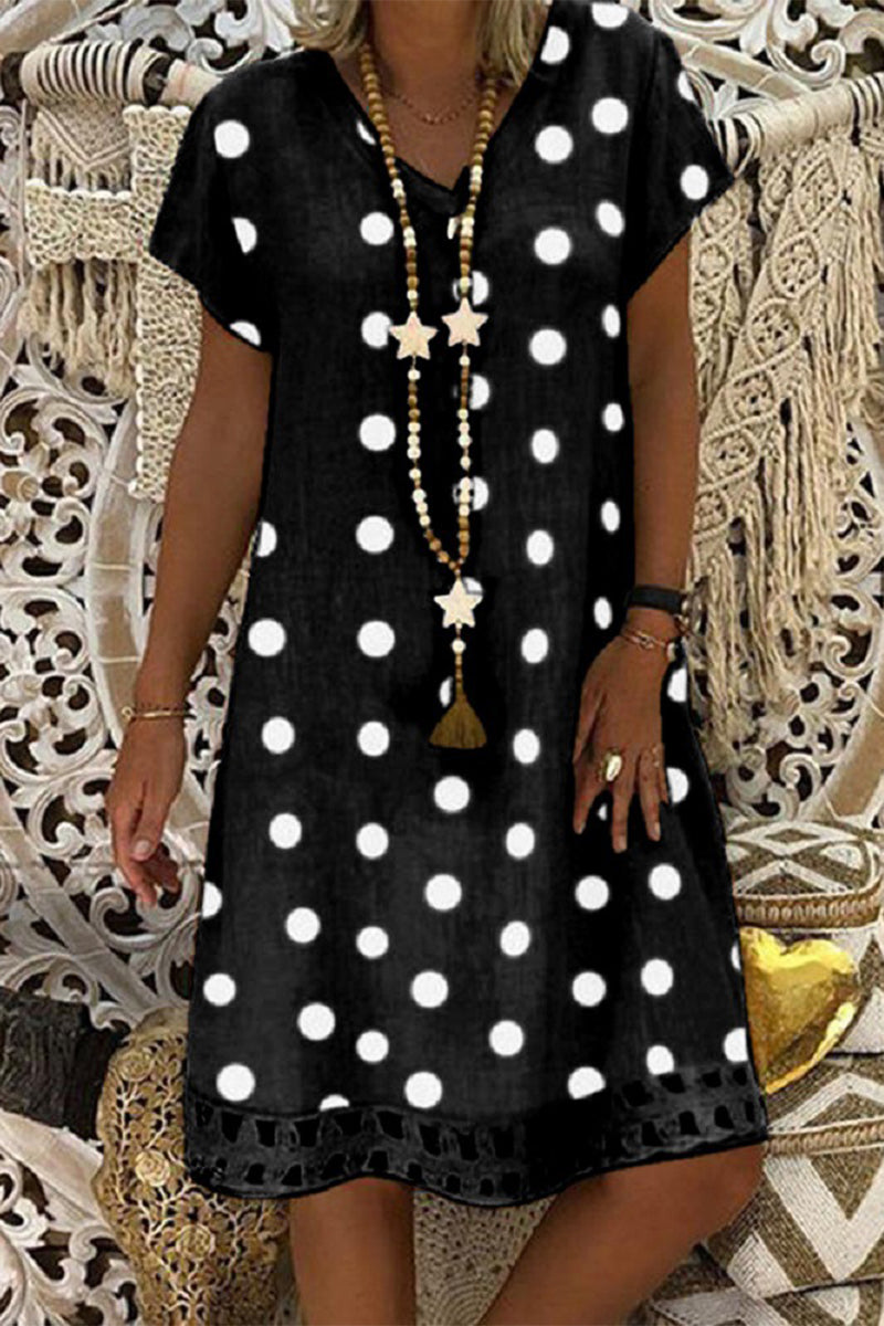 Women V-Neck Short Sleeve Hollow Polka Dot Summer Dress(10 Colors)