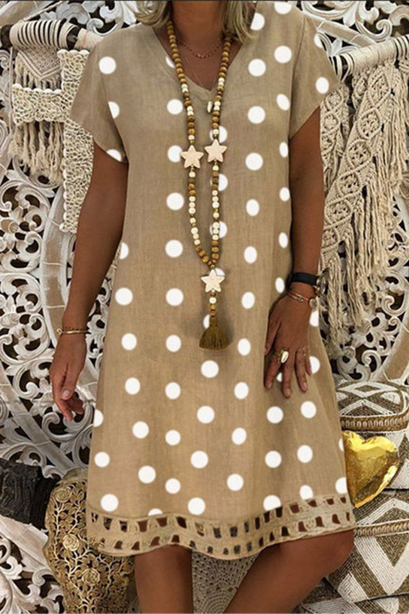 Women V-Neck Short Sleeve Hollow Polka Dot Summer Dress(10 Colors)