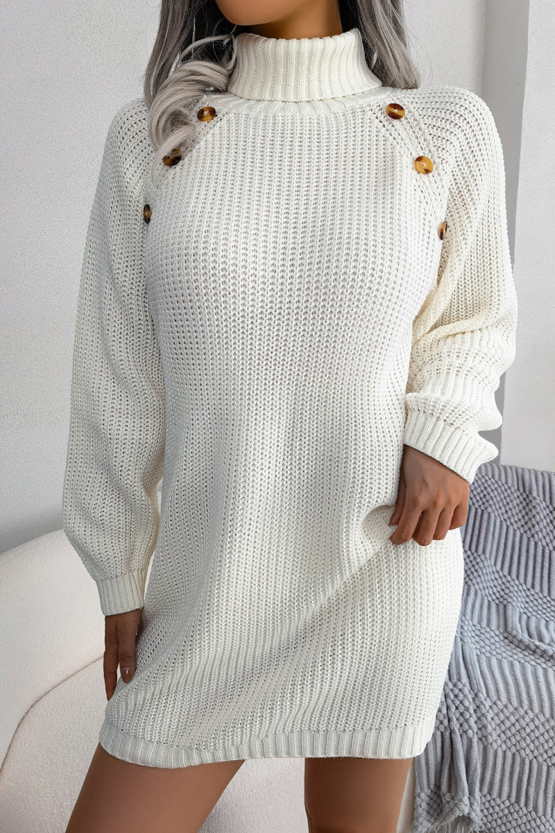 Street Solid Buttons Turtleneck Pencil Skirt Dresses(No Belt.3 Colors)