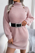 Street Solid Buttons Turtleneck Pencil Skirt Dresses(No Belt.3 Colors)