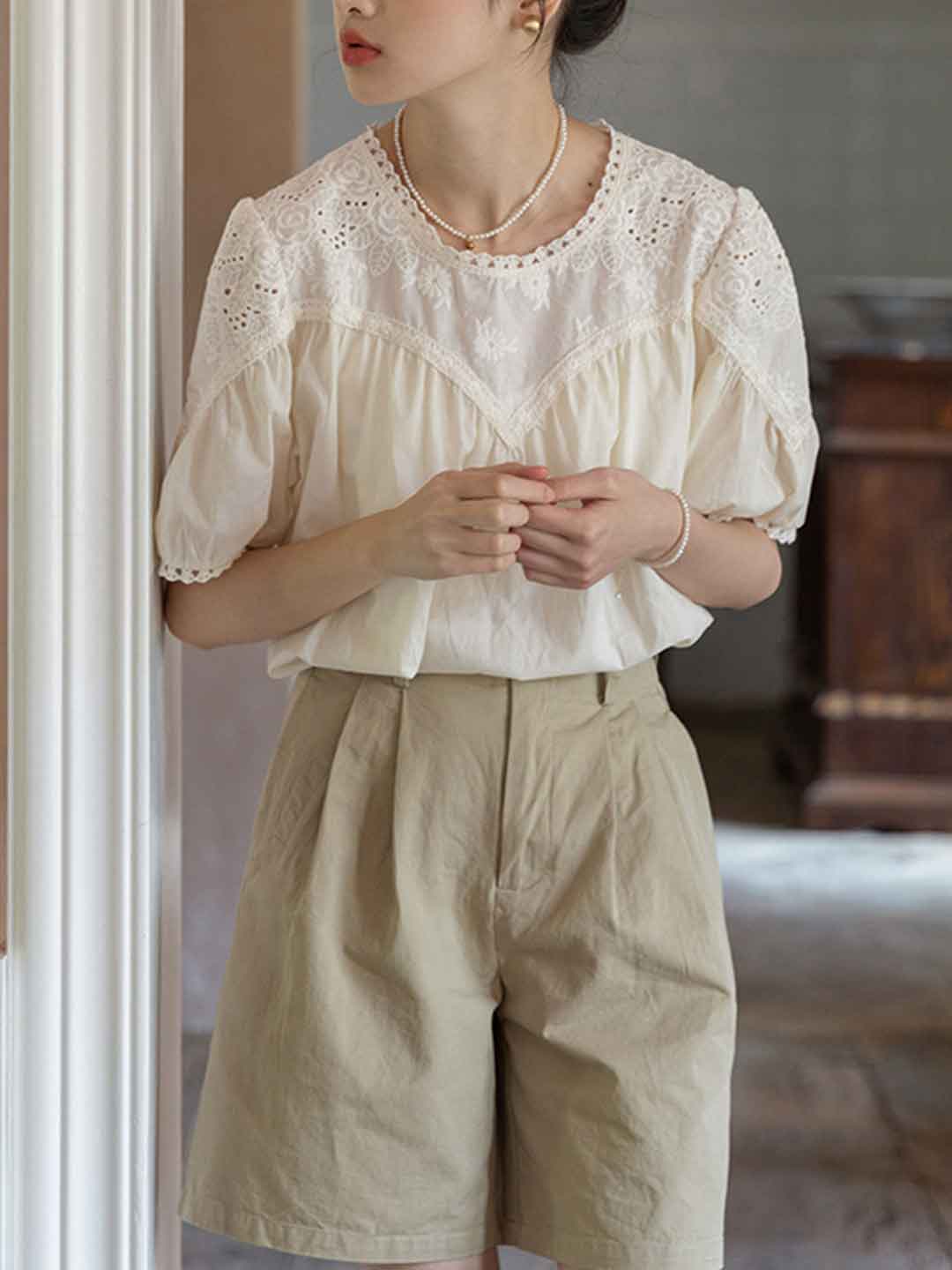 Khloe Vintage Crew Neck Embroidered Solid Color Top
