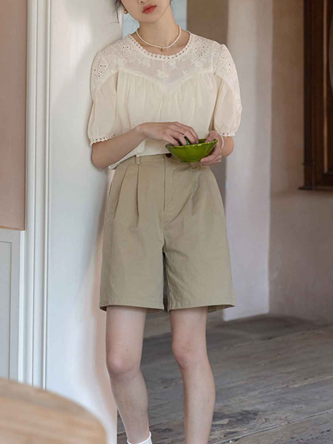 Khloe Vintage Crew Neck Embroidered Solid Color Top