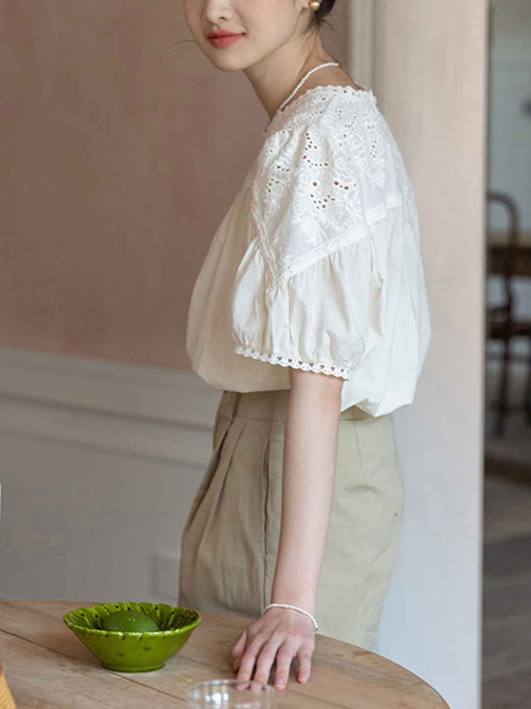 Khloe Vintage Crew Neck Embroidered Solid Color Top