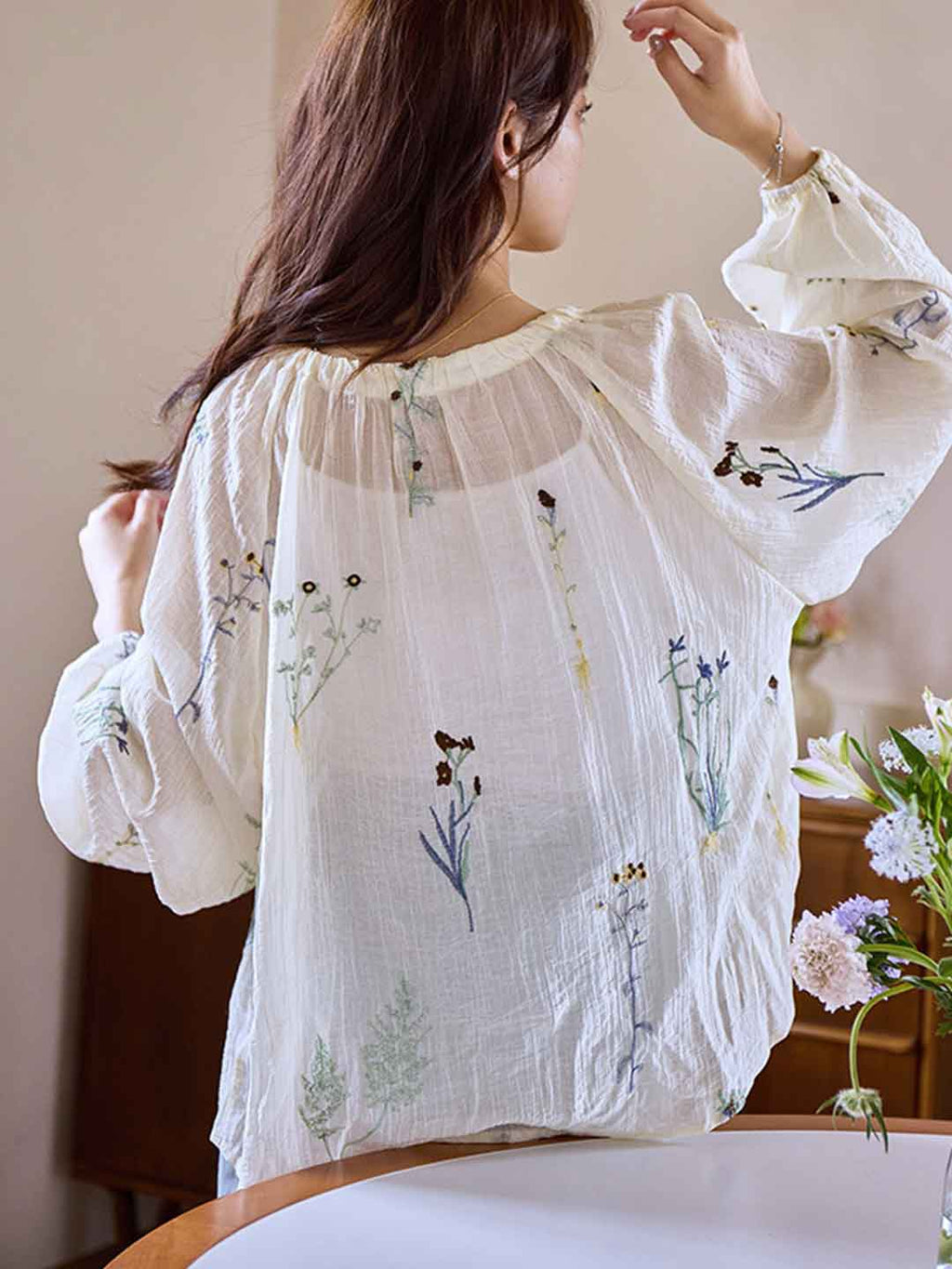 Zoey Loose Crew Neck Embroidered Chiffon Top